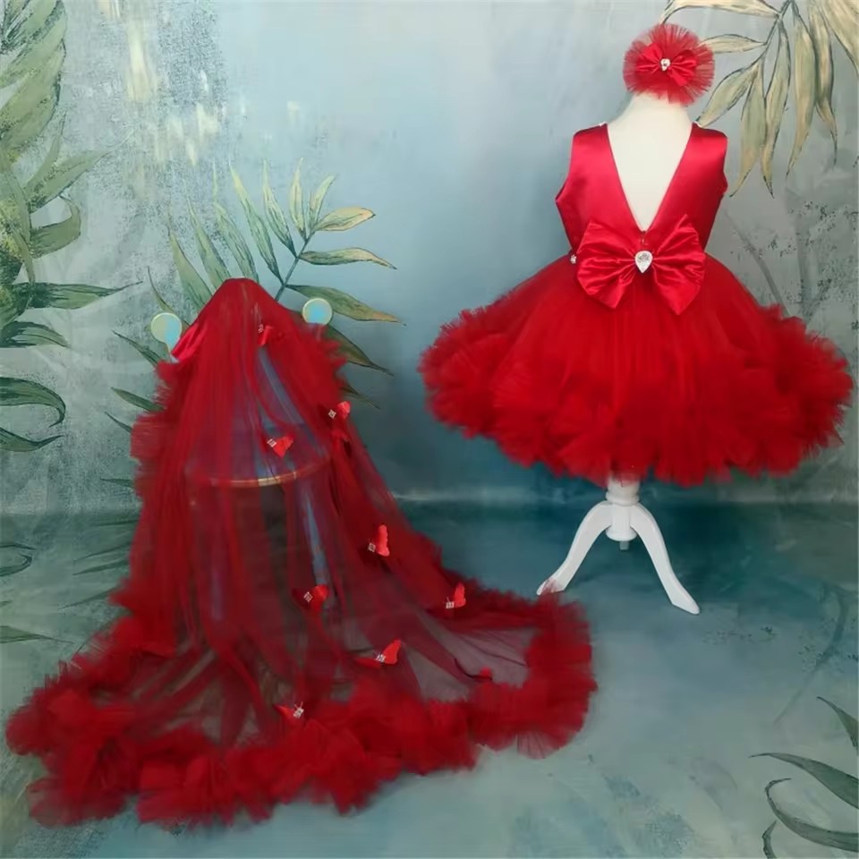 Toddler Girl Tulle Party Dress - Красные платья с цветочным узором для