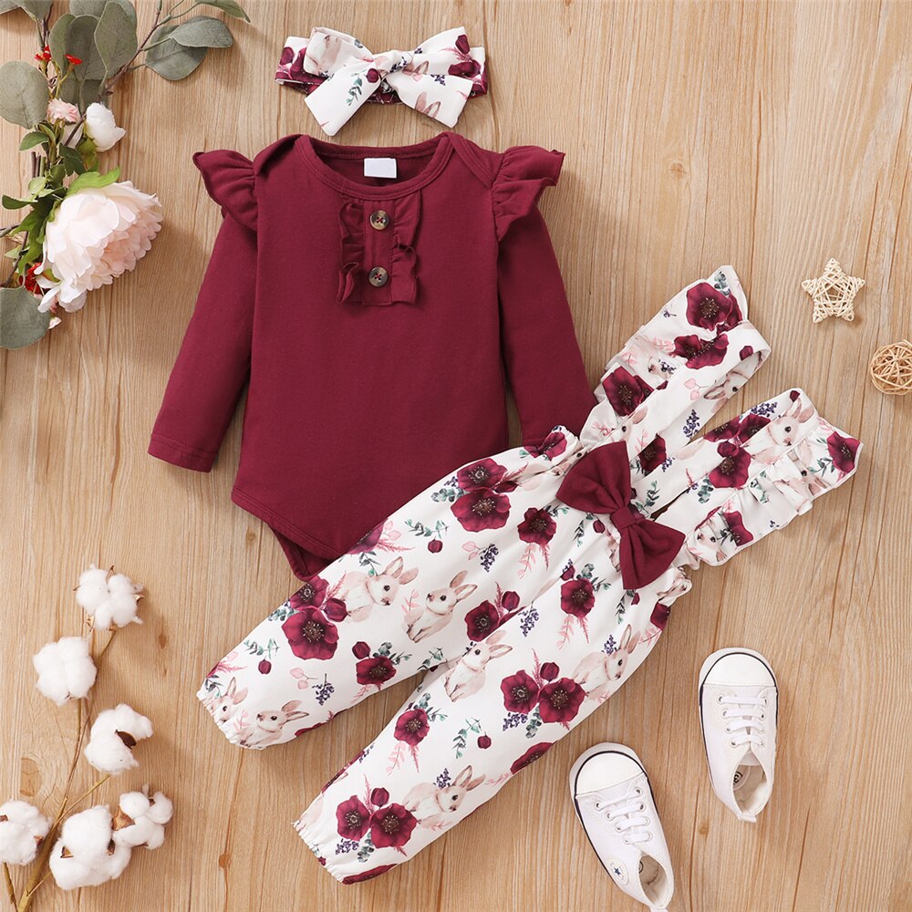 Newborn Baby Girl Romper Floral - 3 шт./комплект, комбинезон с длинным рукавом